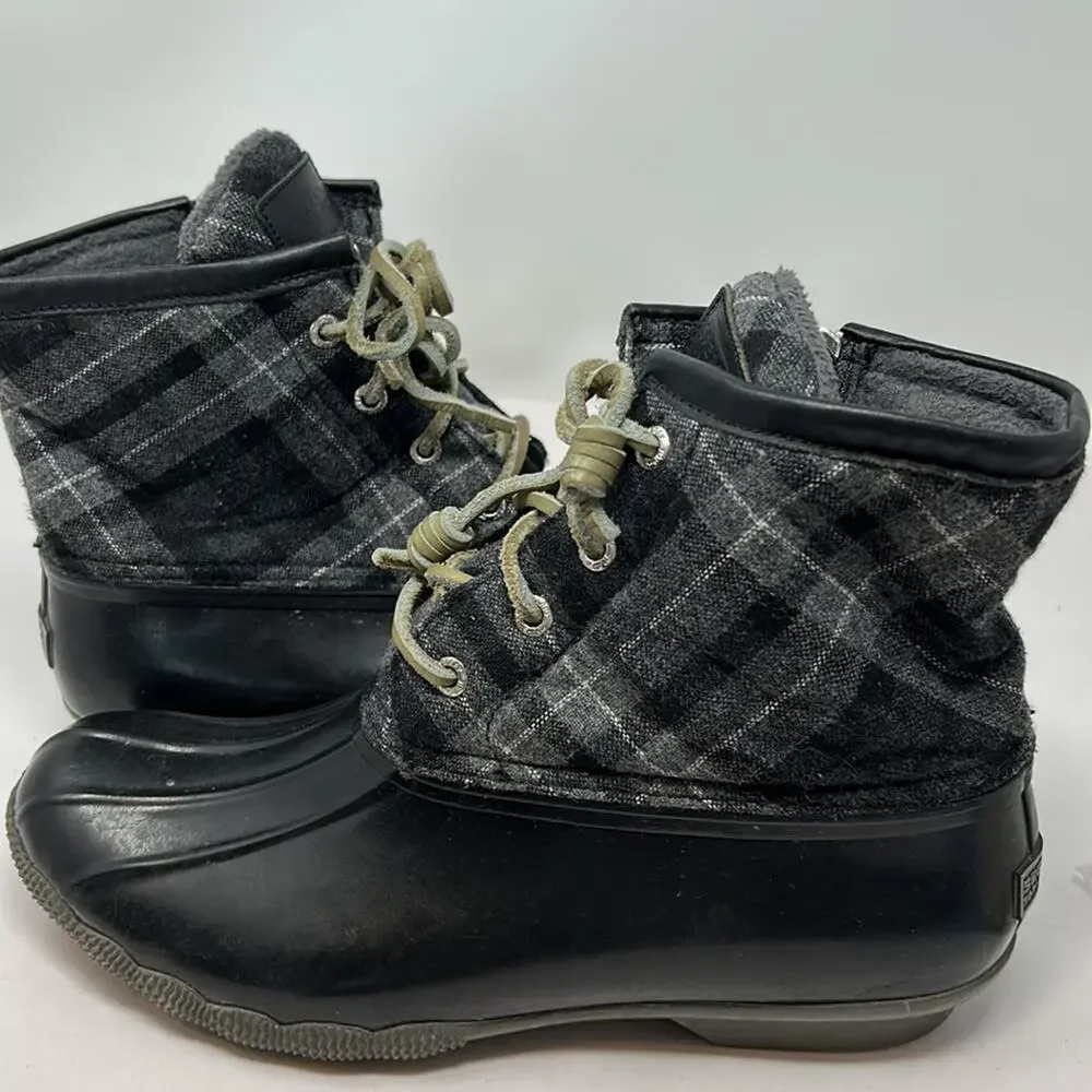 Sperry Top Sider Women's Black & Gray Plaid Rubber Ankle Duck Boots Size 9